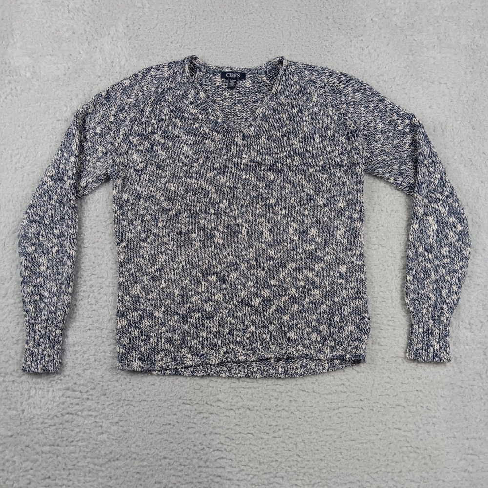 Chaps Denim Sweater Womens XL Blue White Marled V-Neck Metallic Knit Pullover